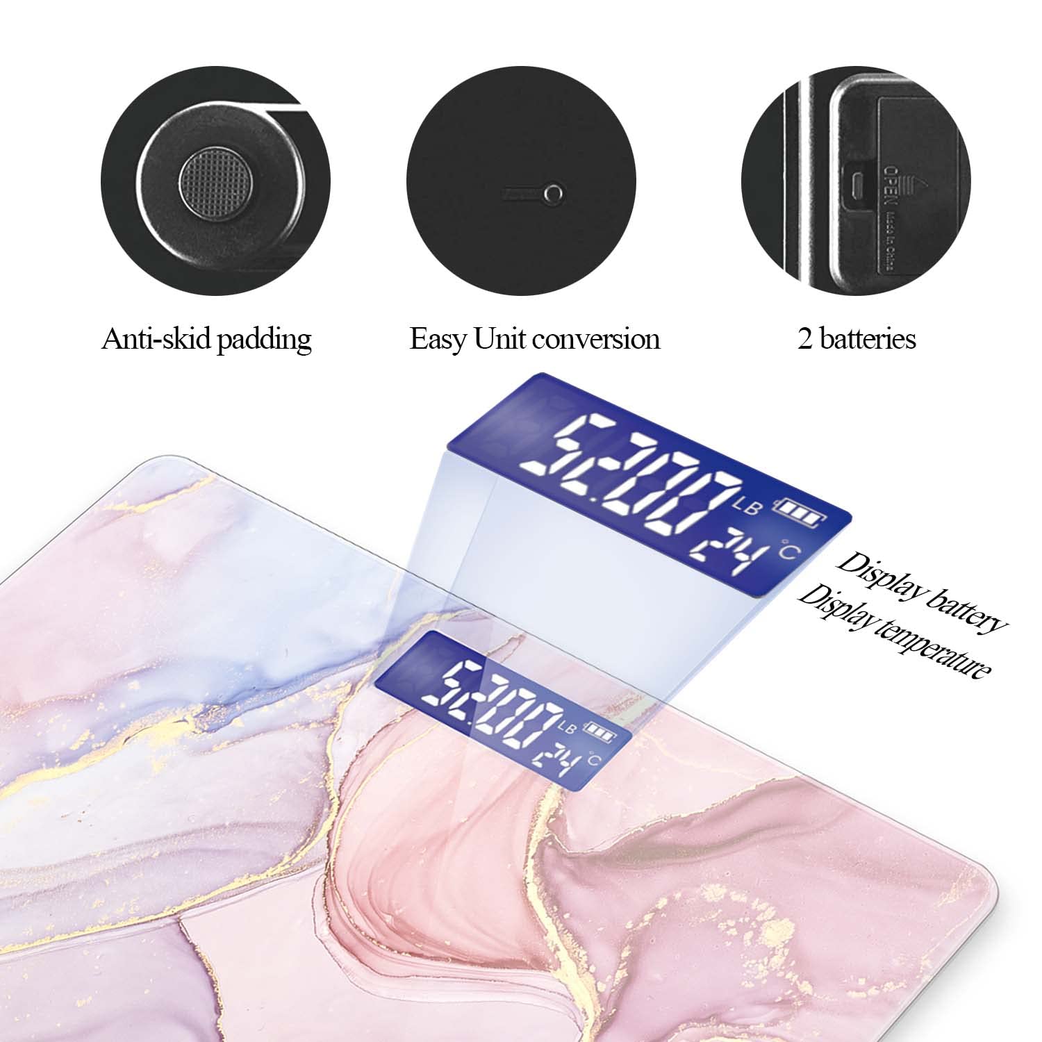 Báscula digital de baño para peso corporal de 400 libras, báscula digital personalizada con pantalla retroiluminada, fácil de leer (batería no incluida), mármol rosa