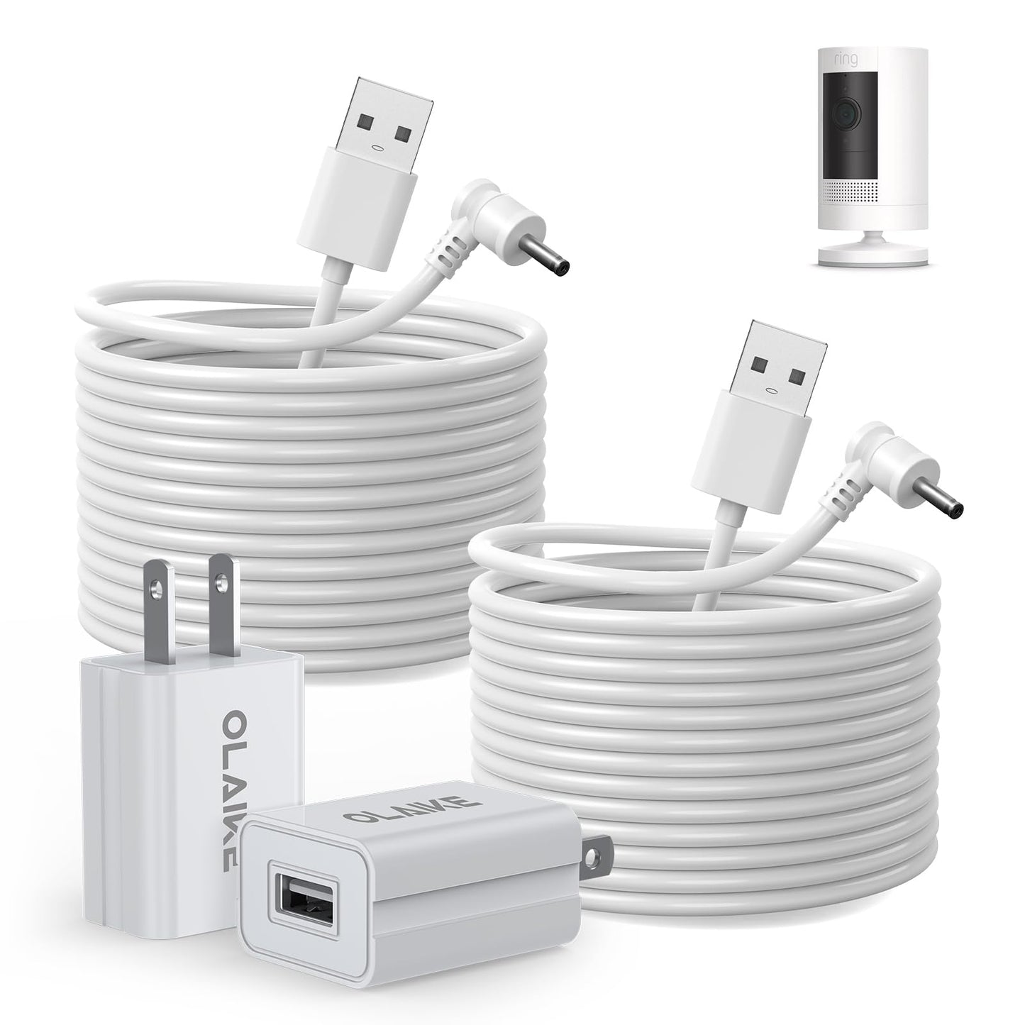 OLAIKE 8 m/ 26 pies (Paquete de 2) Cable de Carga Resistente a la Intemperie para Stick Up CAM Battery/Plug-in y Spotlight CAM Battery y Soporte para inclinación y Vista panorámica, Blanco