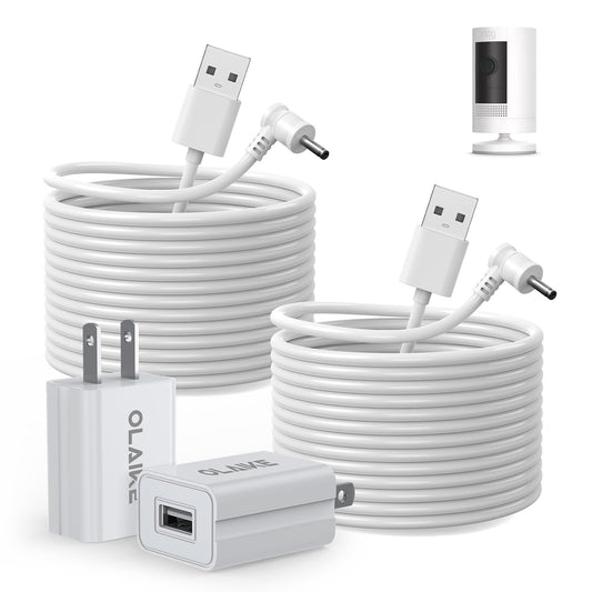 OLAIKE 8 m/ 26 pies (Paquete de 2) Cable de Carga Resistente a la Intemperie para Stick Up CAM Battery/Plug-in y Spotlight CAM Battery y Soporte para inclinación y Vista panorámica, Blanco