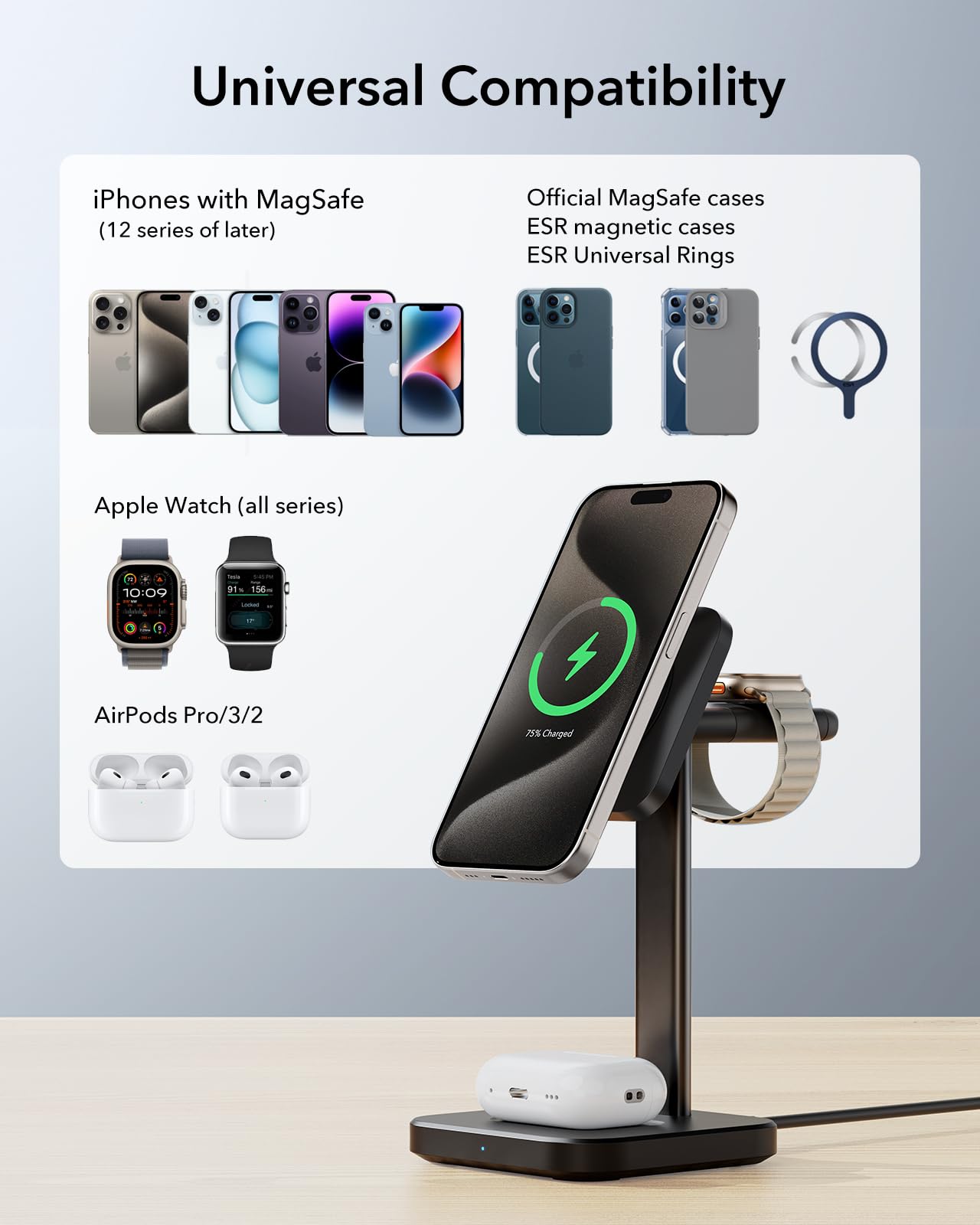 ESR Estación de carga inalámbrica 3 en 1 para Apple [certificado] Cargador portátil Apple Watch y soporte de cargador MagSafe, cargador inalámbrico para múltiples dispositivos iPhone 17/16/15/14/13/12