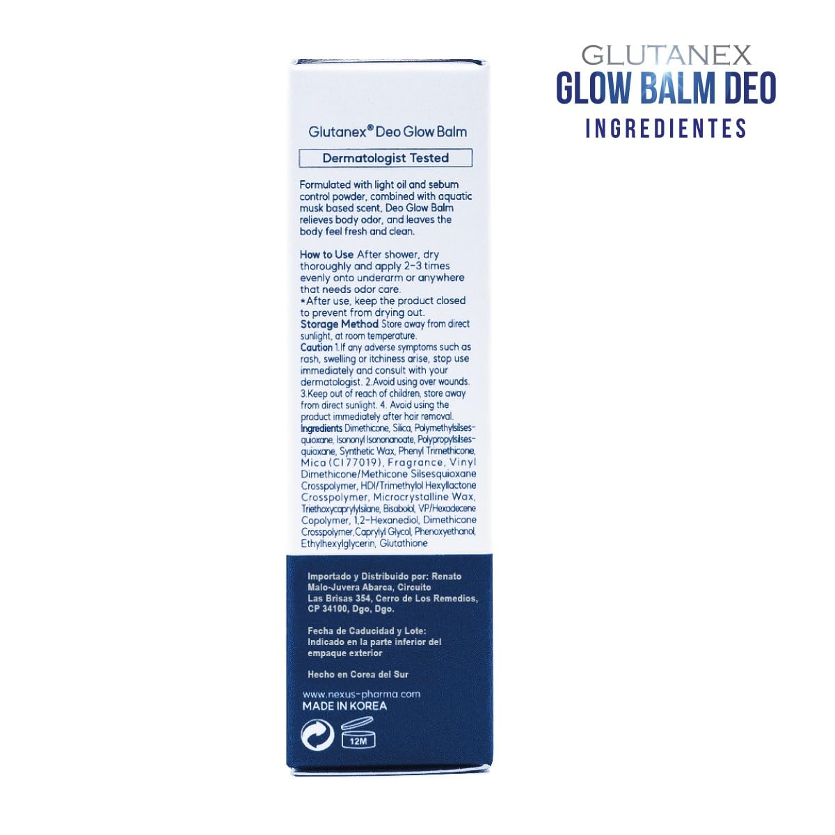 GLUTANEX™ GLOW BALM DEO Bálsamo Aclarante, Calmante y Antioxidante Axilar con Glutatión, Bisabolol y Aroma hasta por 24hrs (12.5gr.) De Corea Del Sur