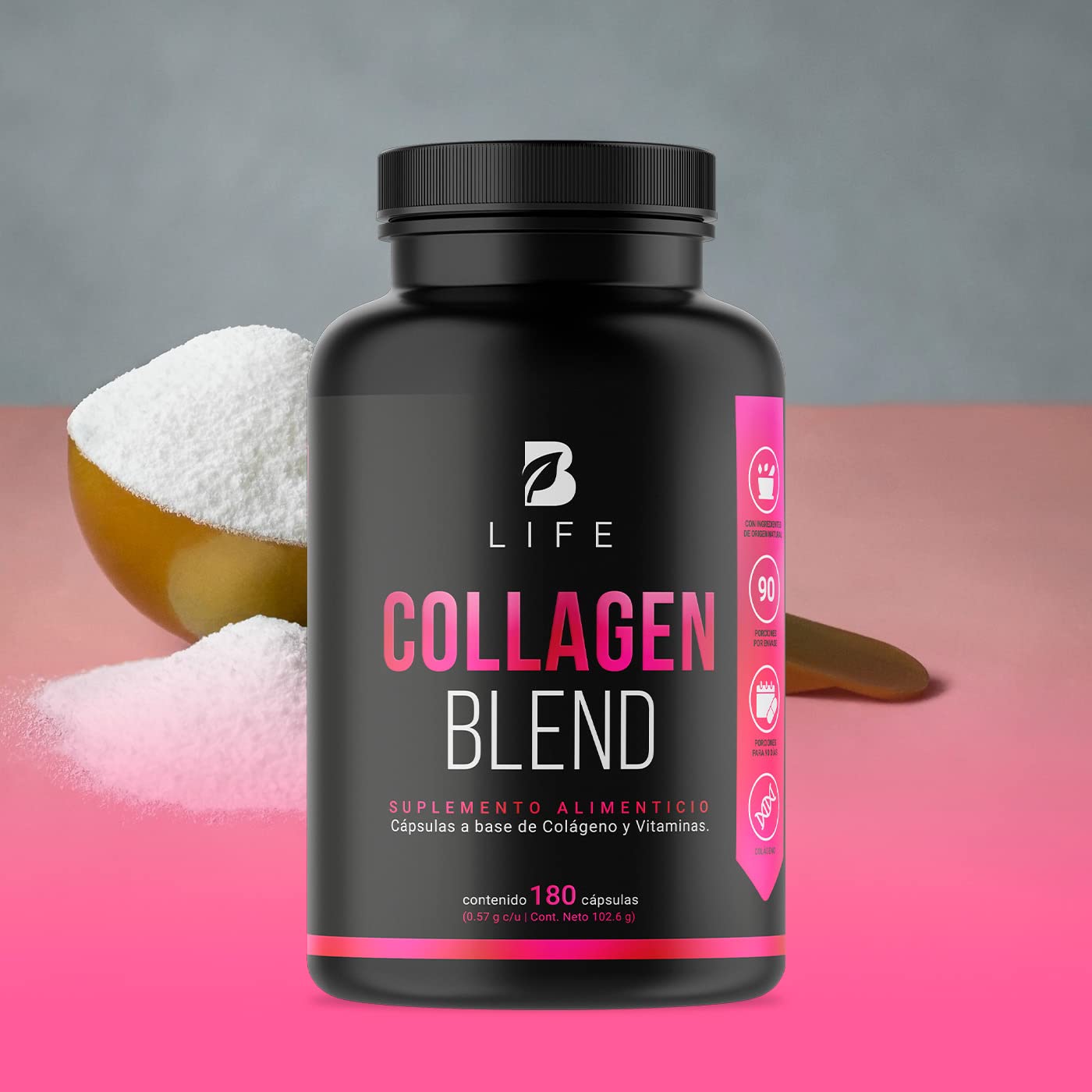 B Life Colágeno Hidrolizado | 200 Cápsulas | 1140 mg por porción | Adicionado con Biotina, Ácido Hialurónico, Ácido Fólico, y Vitaminas | Ingredientes naturales. Collagen Blend B Life.