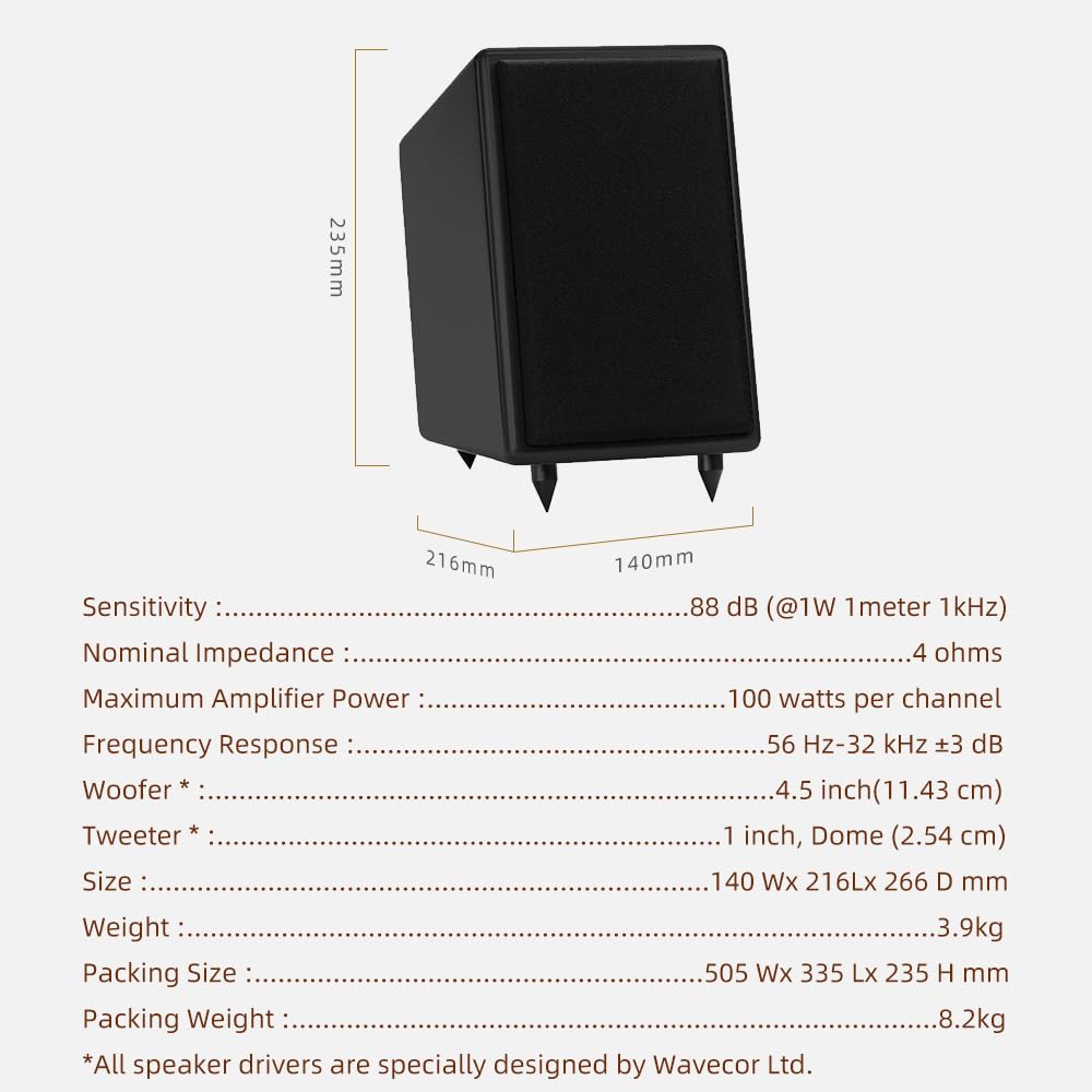 S.M.S.L - Sistema de altavoces pasivos Tabebuia para estantería, controladores Wavecor personalizados, 100 W por canal, respuesta de 56 Hz-32 kHz, distancia de pared ajustable con picos (par) (negro)