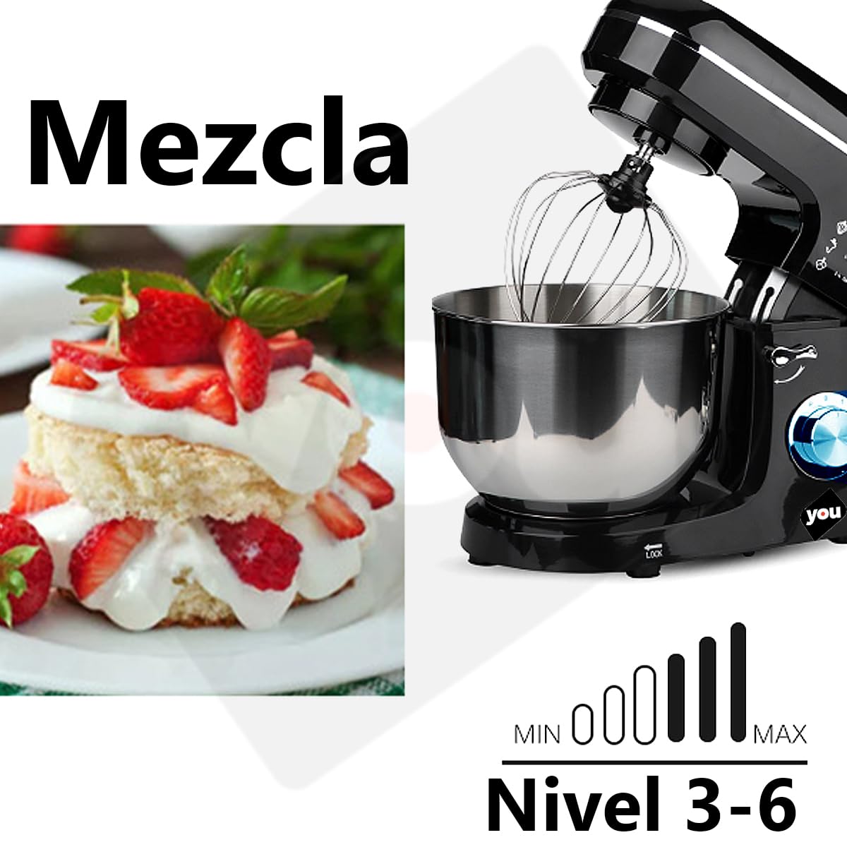 Batidora de Pedestal Profesional Planetaria Uso Rudo 6 Velocidades de 1100 Watts Tazón de 5.8 Litros, Cabeza Inclinable con Accesorios Repostería y Panadería en el Hogar