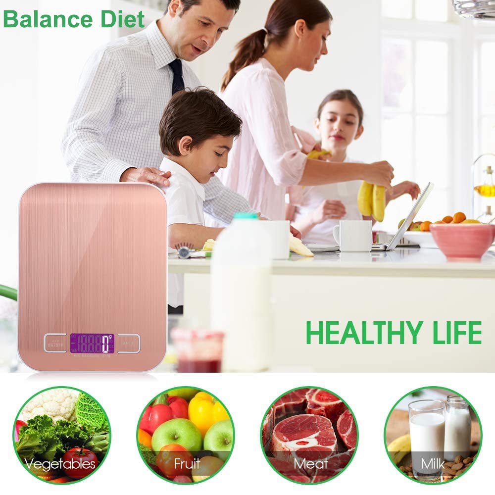 Báscula de Cocina con Carga USB Recargables 5kg / 11 lbs Peso Cocina Digital Balanza Alimentos de Acero inoxidable con Pantalla LCD Función de Tara (rosa)