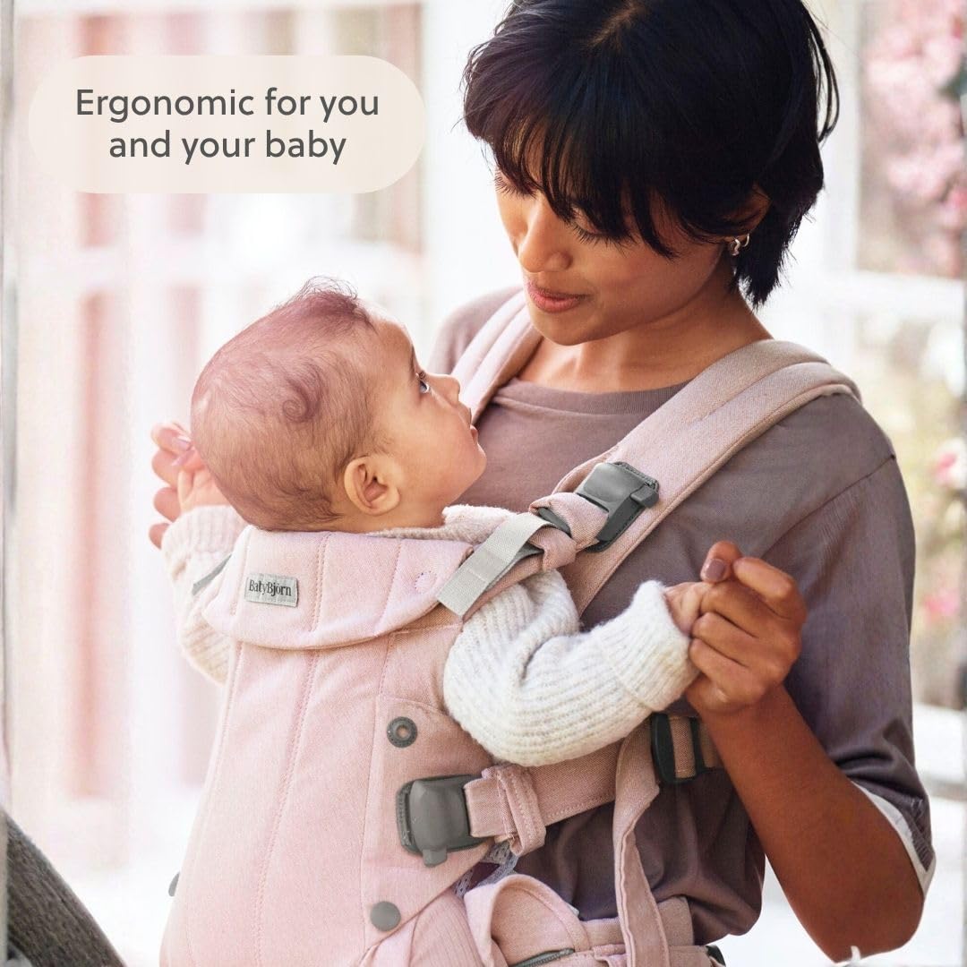 BabyBjörn Canguro Portabebé Harmony, Tejido Jaspeado, Rosa claro | Ergonómico, para recién nacidos hasta los 3 años (3.2–15 kg), 4 posiciones, posición de piernas ajustable, suave y cómodo