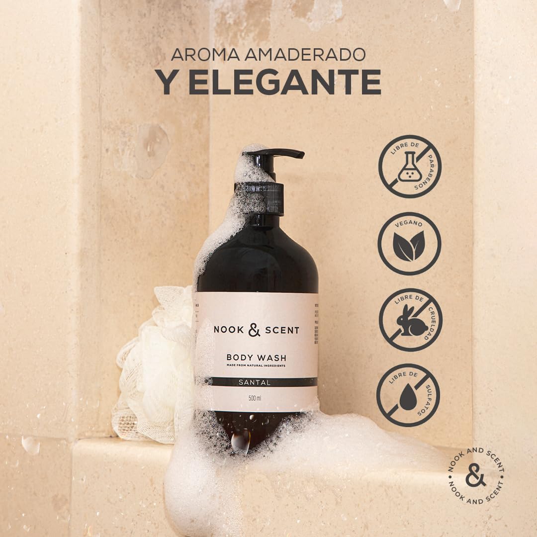 Body Wash Santal | 500 ml | Limpieza e Hidratación | Libre de Sulfatos y Parabenos, Vegano, Aceites esenciales, Aroma Amaderado y Sofisticado | Gel de Baño Nook & Scent