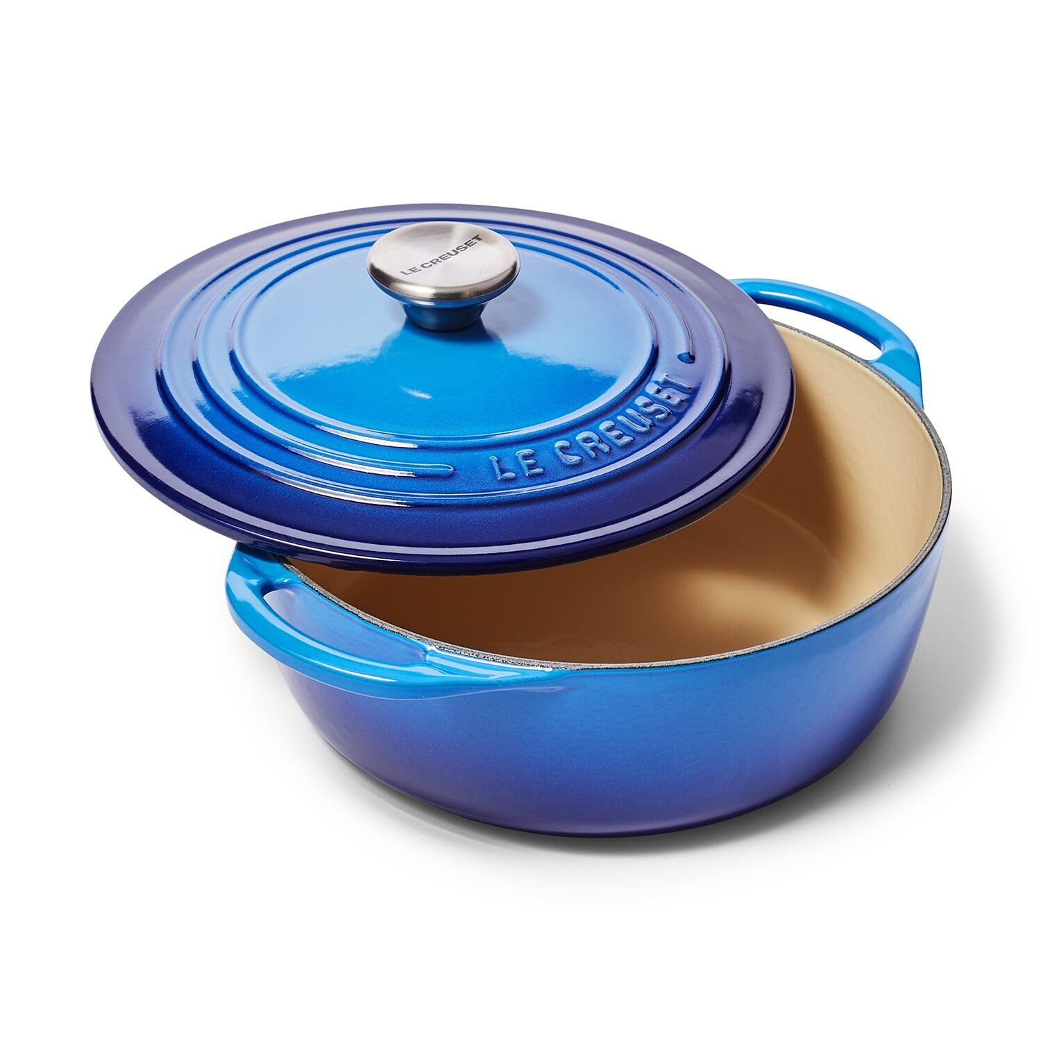 Le Creuset Horno holandés redondo poco profundo de hierro fundido, 2.75 cuartos de galón, llama