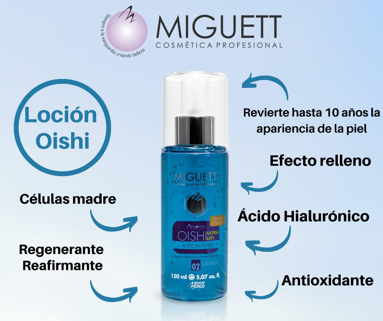 Miguett Loción Facial Oishi Ultra Lift Miguett, Hidratante y Revitalizante, 150 ml