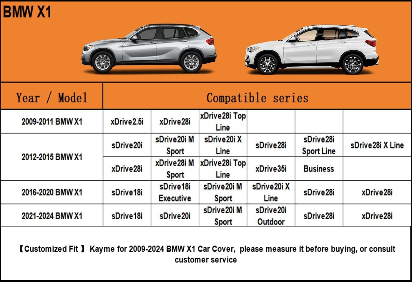 Kayme - Funda de coche SUV de 6 capas, personalizada para BMW X1 (2009-2023), impermeable a todo tipo de clima para automóviles, cubierta completa para exteriores, lluvia, sol, protección UV. Plateada