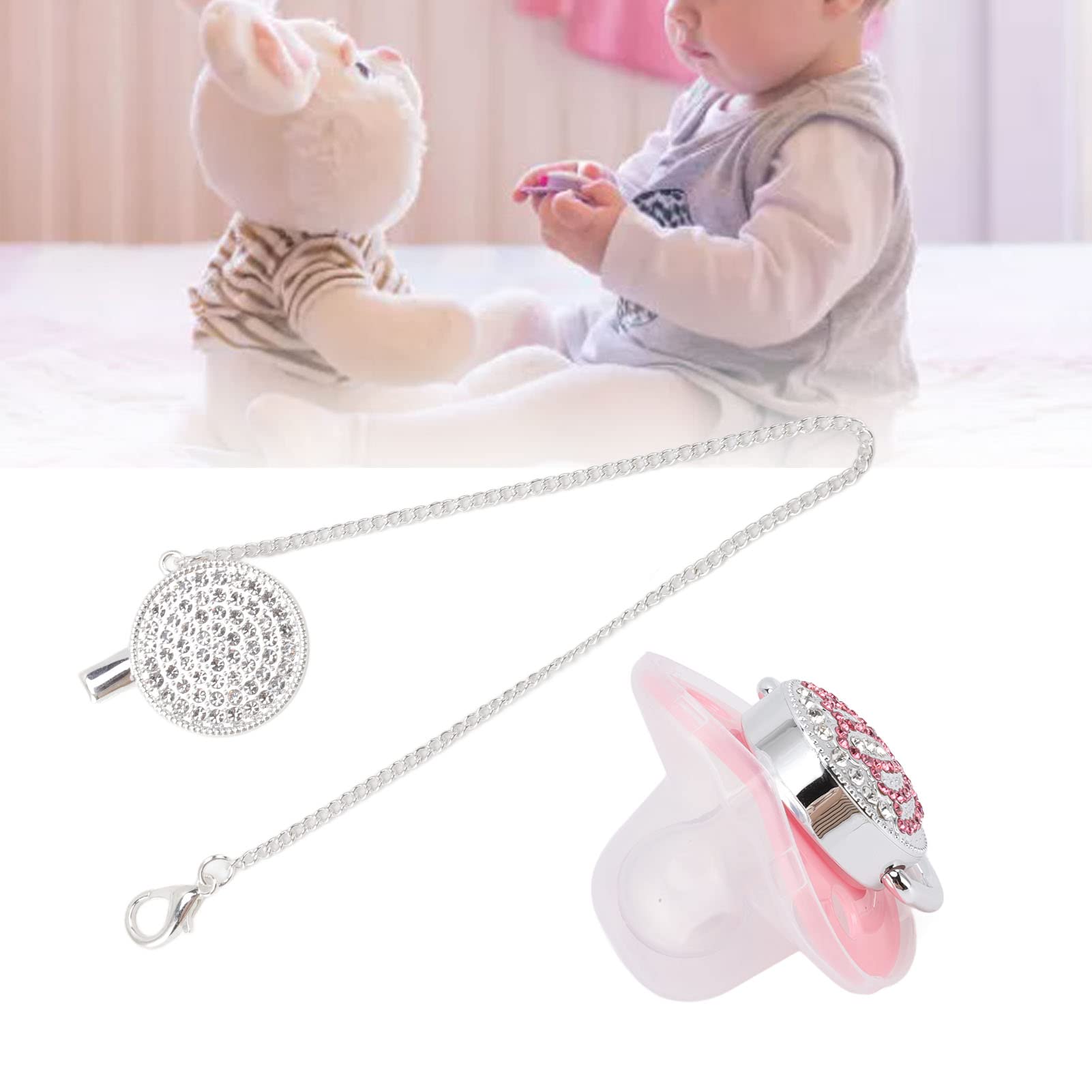 Chupete de Lujo con de Diamantes de Imitación para bebé con Silicona Súper Suave, Clip de Cadena para Bebés de 6 a 18 Meses (Rosa)