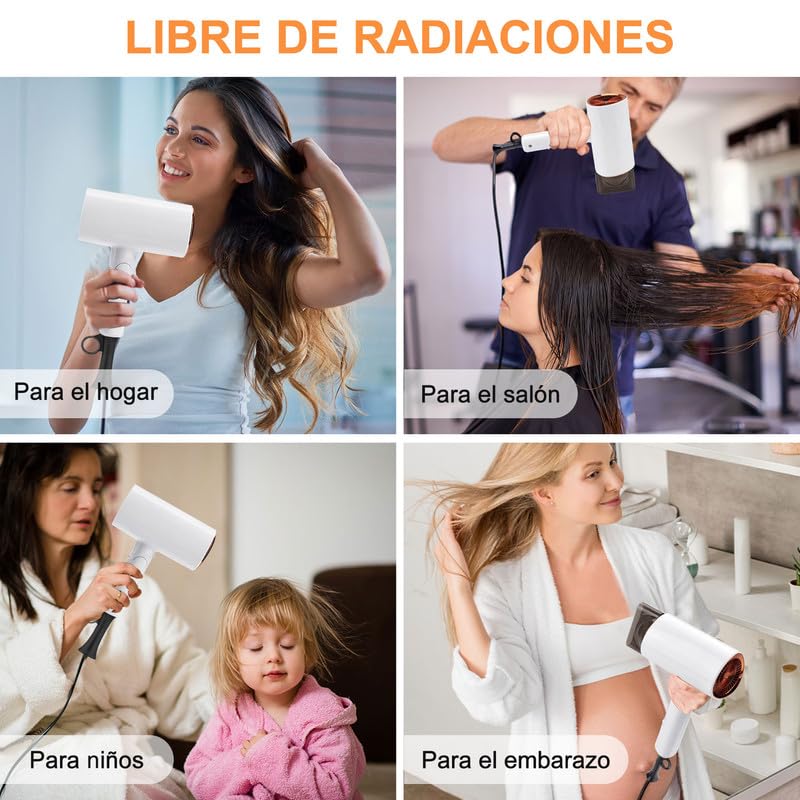 Secador de Pelo de Iónico Negativo Profesional, 1800W con 3 Temperatura Ajustable (Frío y Caliente), Secador de Soplado Plegable con Soplado y 1 Difusor para Hogar, Salón de Belleza, Viajes - Blanco