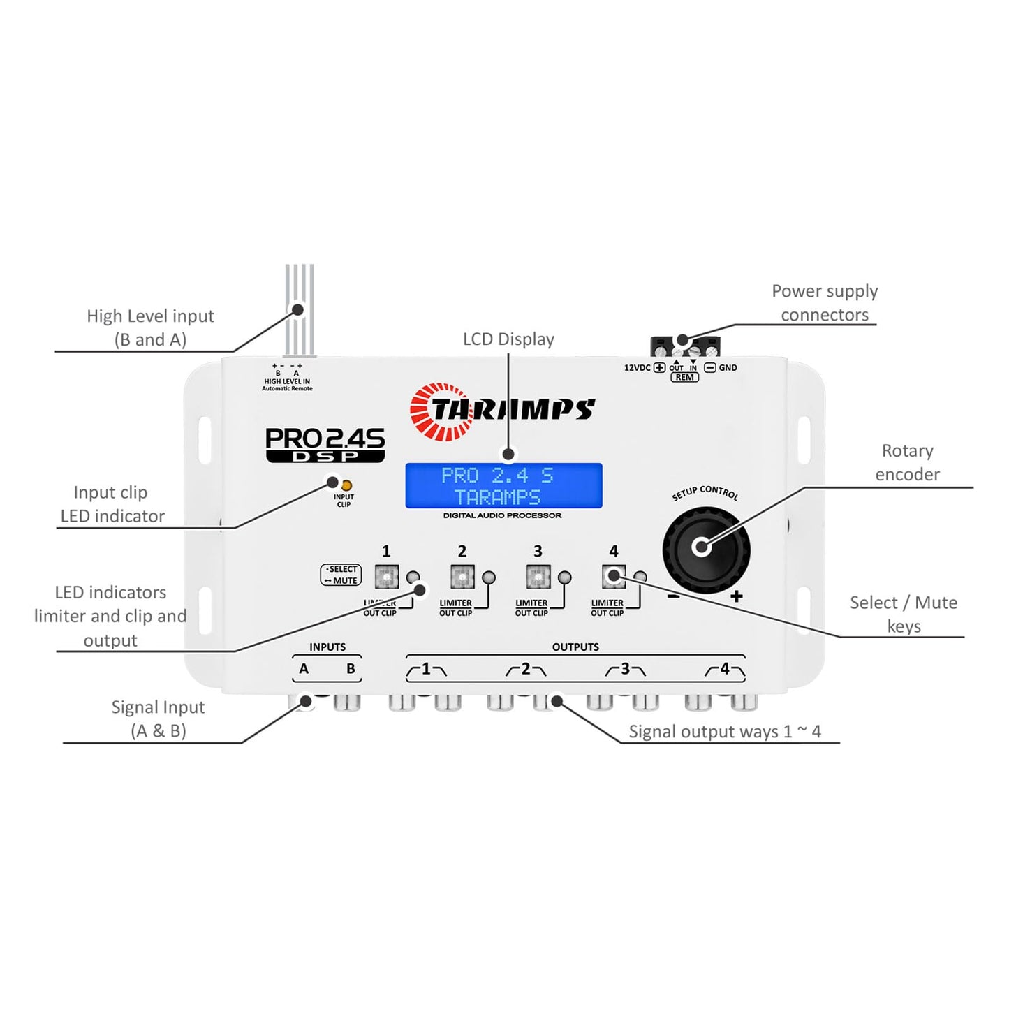 Crossover Taramps DSP Pro 2.4S Blanco con Ecualizador Gráfico para Automóvil