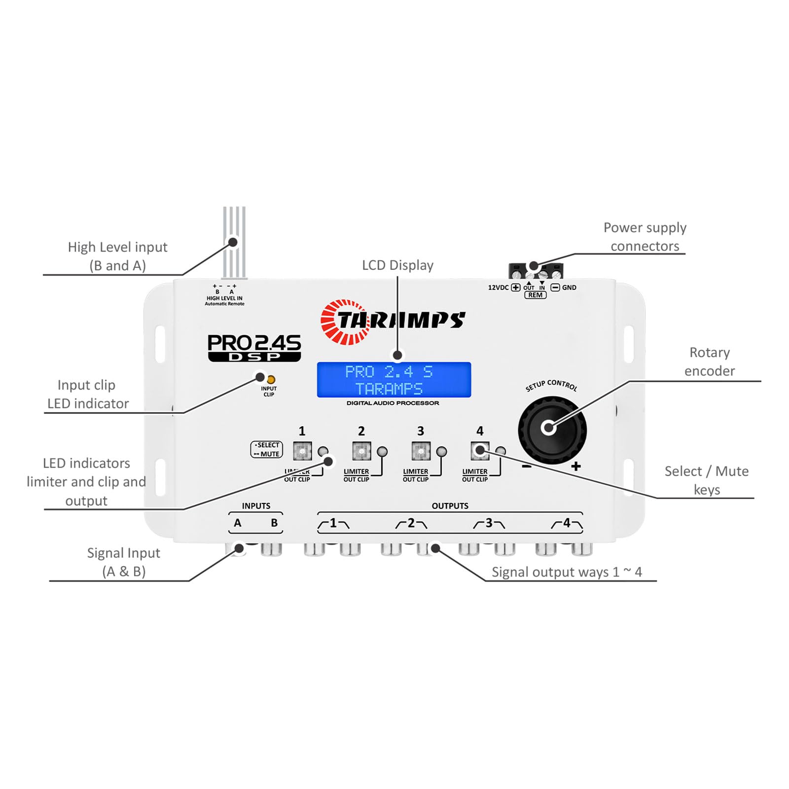 Crossover Taramps DSP Pro 2.4S Blanco con Ecualizador Gráfico para Automóvil