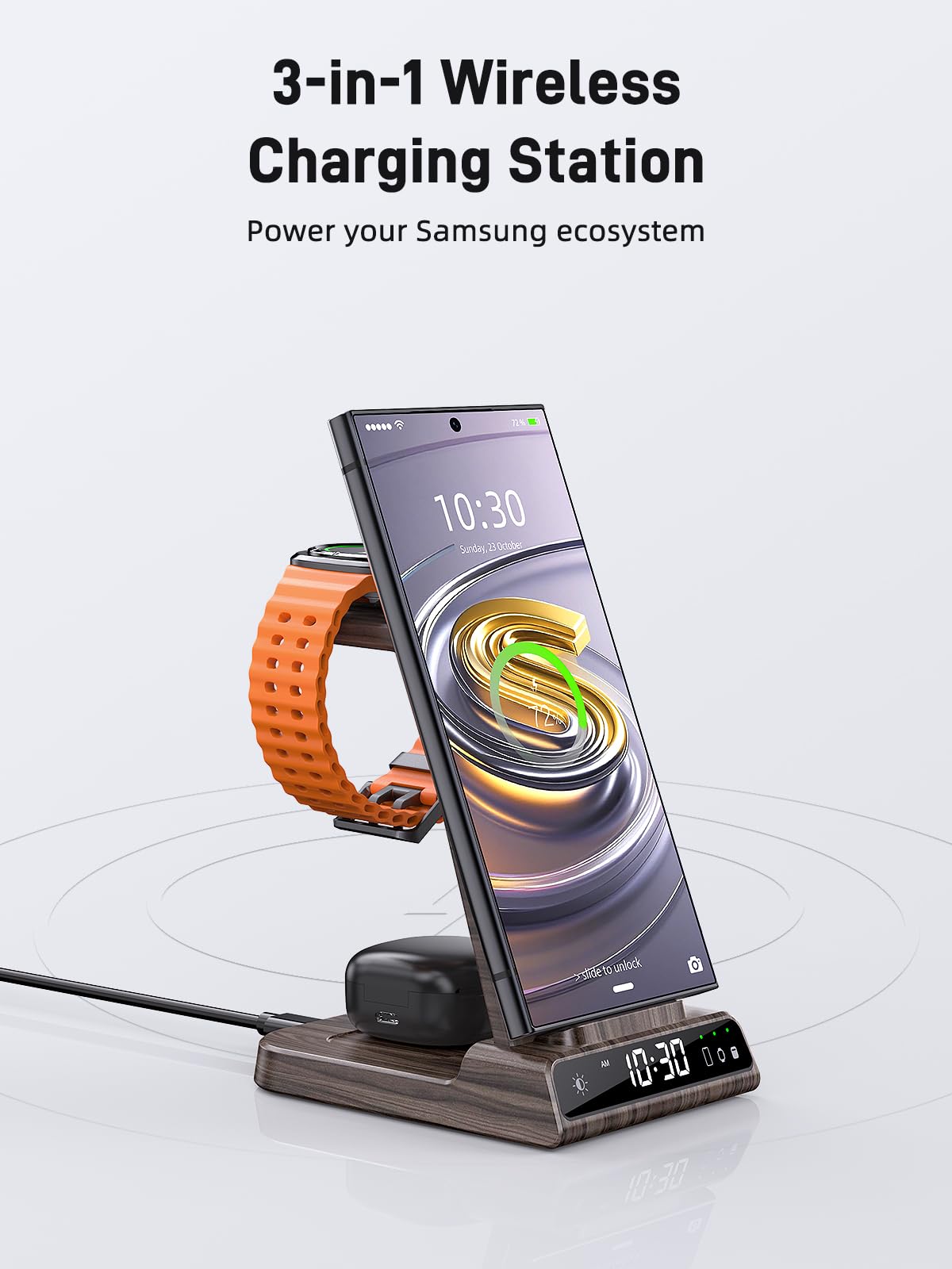 Cargador inalámbrico para estación de Carga Samsung, Cargador de teléfono Android 3 en 1 para Samsung Galaxy S25 Ultra/S24 Ultra/S23/Z Fold7/Flip7, Galaxy Watch 8/8 Classic/Ultra/7/6/5, Galaxy Buds 3