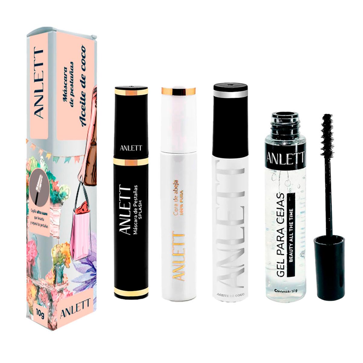 Anlett Kit de Máscaras para Pestañas, Set de 4 Productos, Volumen y Definición, Negro