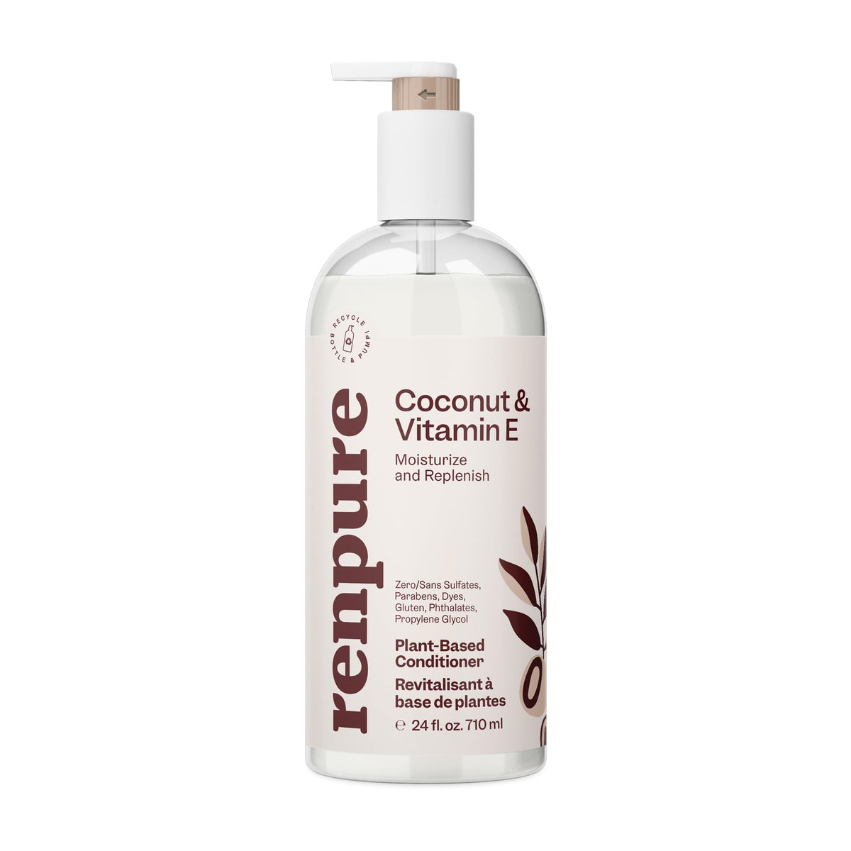 RENPURE Acondicionador profundo de coco y vitamina E a base de plantas para cabello seco y dañado, sin sulfatos, sin parabenos y seguro de color - Acondicionador hidratante de coco natural