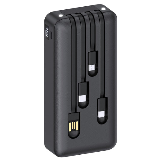 Power Bank 1 Hora Negro con 4 Cables Incorporados USB, Tipo C, Micro USB 20000mAh Compatible para IP, Samsung, Xiaomi