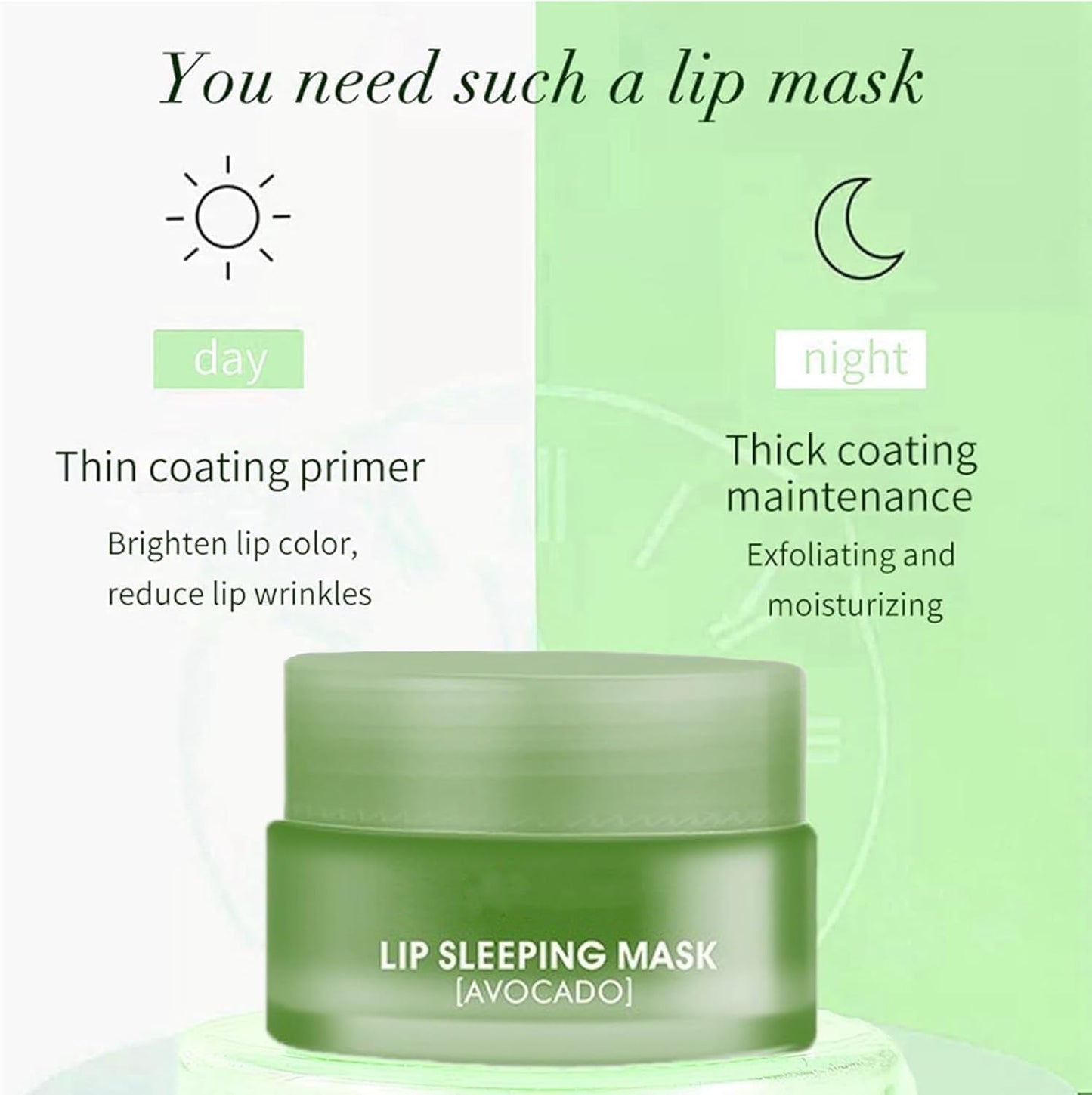 Mascarilla Hidratante Para Labios – Bálsamo Labial Reparador De Día Y Noche Para Labios Secos Y Agrietados – Reduce Las Líneas De Los Labios, Mejora El Color De Los Labios, Hidrata Y Rellena Los Labios Para El Cuidado De Los Labios (Avocado)