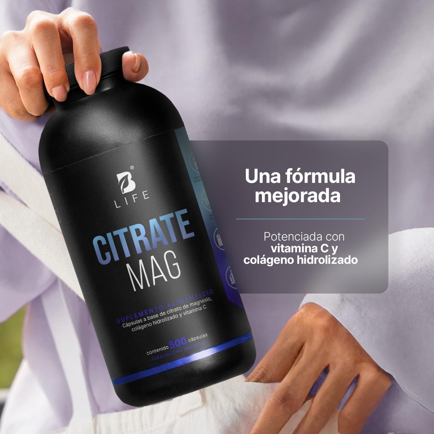 B Life Citrato de Magnesio Puro | 500 cápsulas | 2400 mg por porción | Alta absorción | Adicionado con Vitamina C y Colágeno Hidrolizado | Ingredientes Naturales | Citrate Mag.