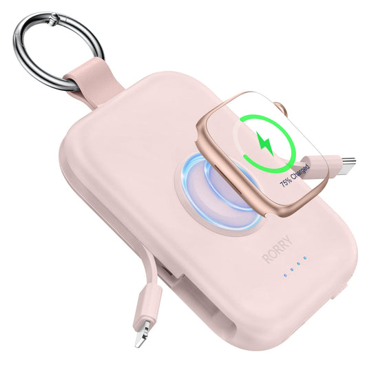 Power Bank RORRY Rosa 5000mAh con Cables Integrados para iPhone y Apple Watch