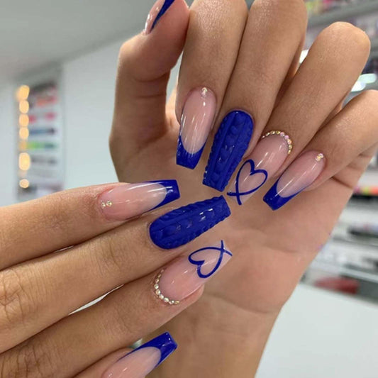 Gifiky Uñas Postizas de Ataúd Largo, Azul Francés, Prensa En Uñas Lindas, Consejos de Uñas Acrílicas Con Diseño de Gemas de Cristal Acrílico, Uñas Postizas para Mujeres y Niñas, 24 Piezas