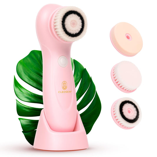 Cepillo Limpiador Facial CLEOSKIN Eléctrico 3 en 1 Recargable con Base y 3 Cabezales Intercambiables para Limpieza Profunda y Exfoliación