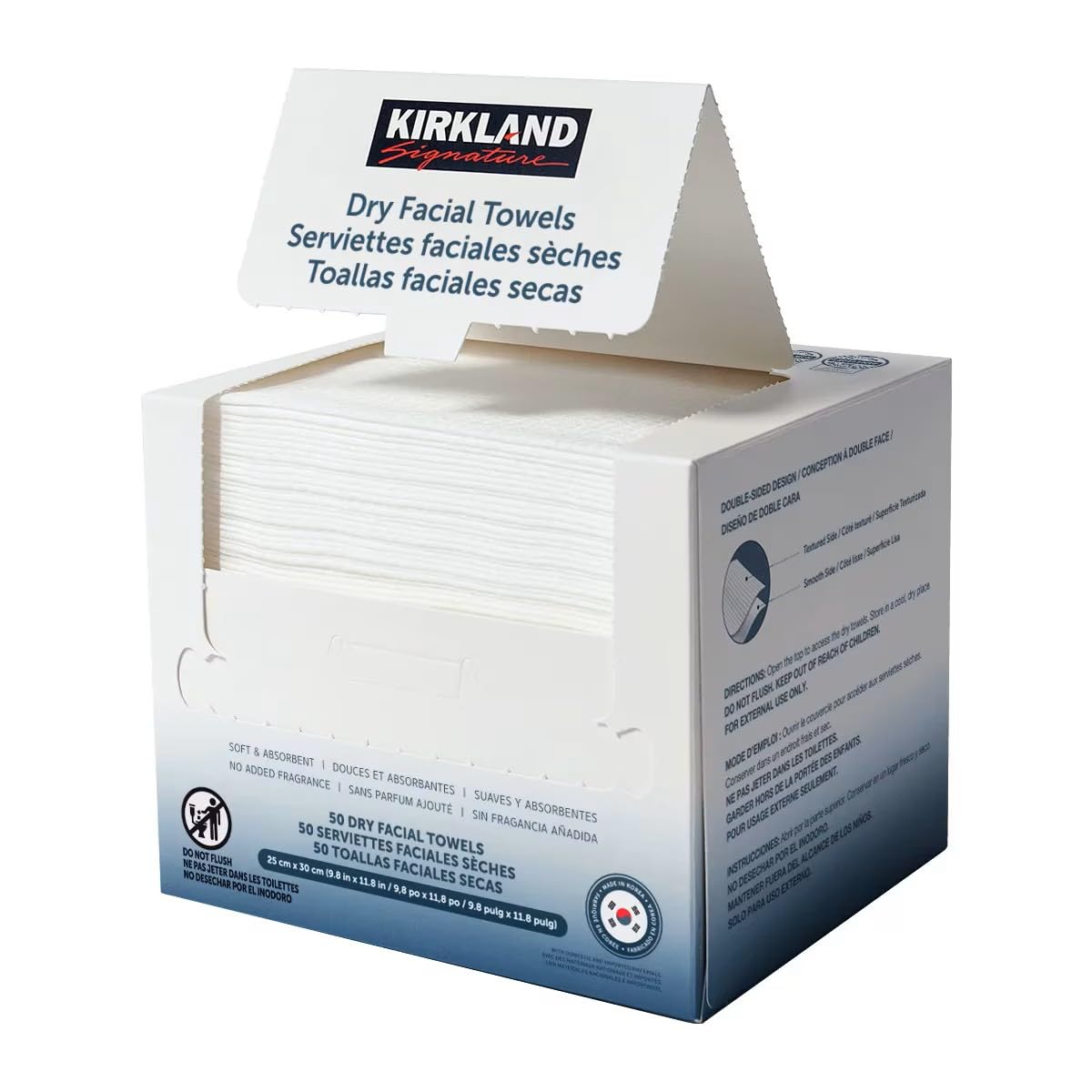 Kirkland Signature Toallas Faciales Secas Desechables Doble Cara, Extra Suaves para Limpieza, Eliminación de Maquillaje y Cuidado de la Piel, Suaves, Higiénicas, Sin Pelusa 200 Toallas.