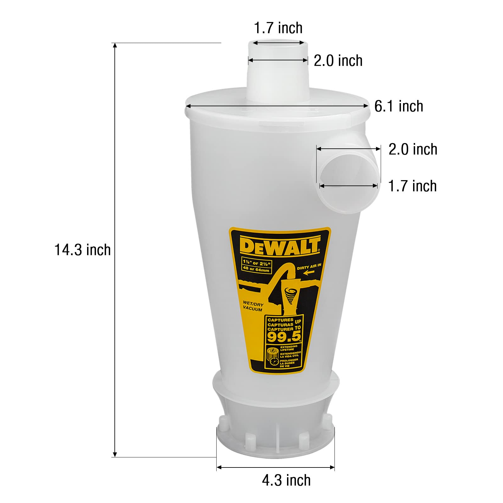 DEWALT Separador de Polvo con Tanque de Polietileno de 6 galones, colector de Polvo ciclón de eficiencia 99.5%, Filtro colector de Polvo de Ciclo de Alto Rendimiento, DXVCS002, Amarillo