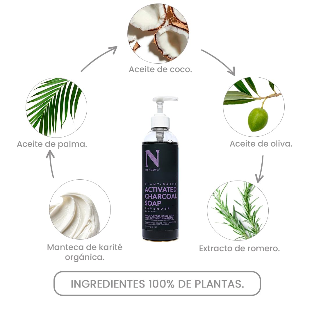 Dr. Natural Jabón Liquido Facial y para Cuerpo con Carbón Activado | Exfoliante Corporal y Facial | Natural, Vegano y Orgánico | Hecho de Plantas Con Aceite de Oliva y Coco, Manteca de Karité y Romero (473 ml, Lavanda)