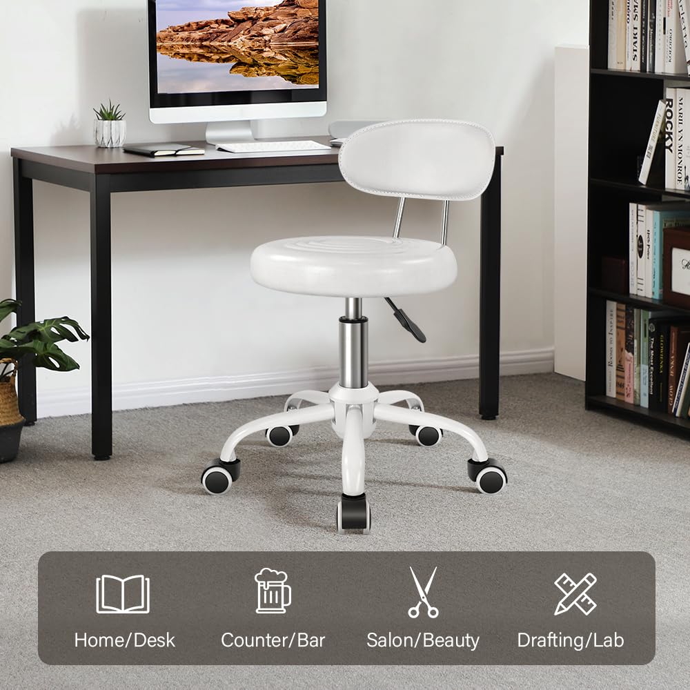 Taburete Giratorio WKWKER Blanco con Respaldo de Altura Ajustable para Spa, Salón, Hogar y Oficina