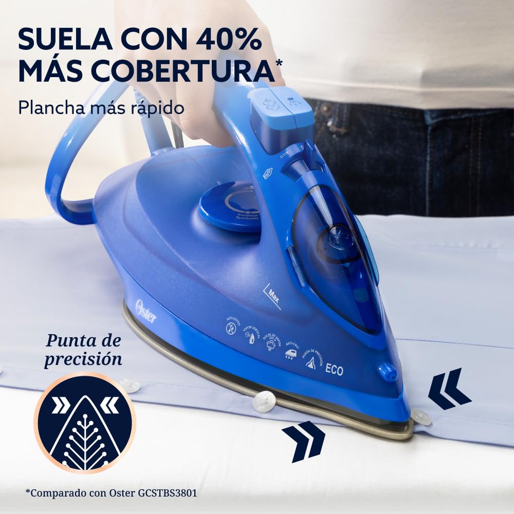 Oster Plancha de Vapor, AeroGlide Plus S7600, con Golpe de Vapor 200 g/min, Recubrimiento Metálico Cerámico, Suela con más Cobertura, Tecnología Aeroceramic, Función Eco, Azul Claro, GCSTAC7601-013