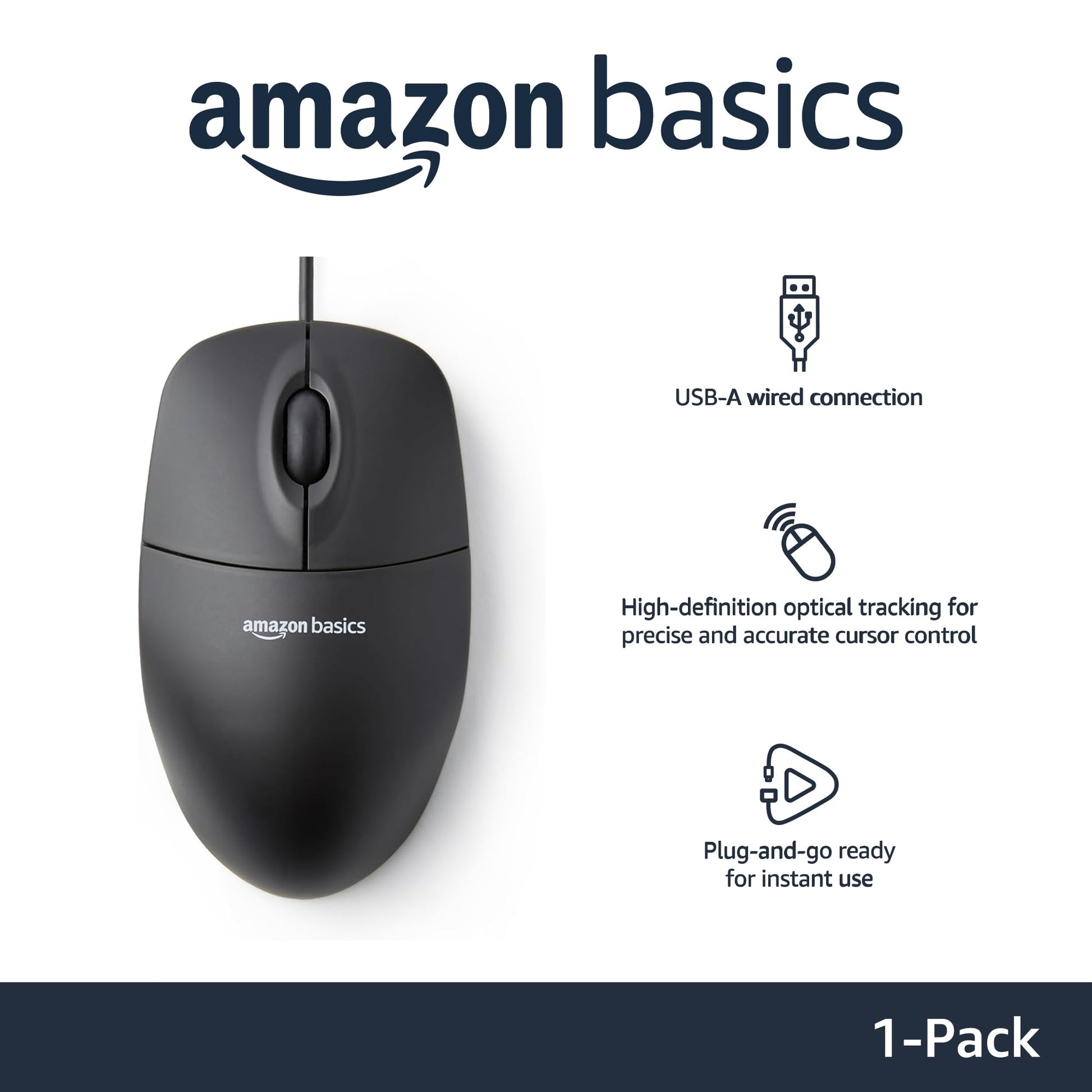 Ratón USB Amazon Basics Negro con Cable de 3 Botones
