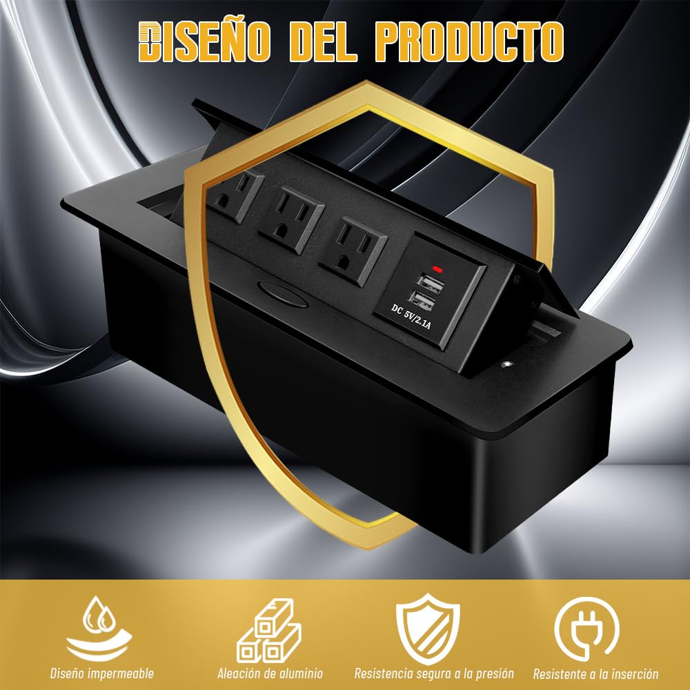 Testpoty Enchufe de Escritorio Oculto, Tira de Alimentación Empotrada para Muebles de Escritorio con Puertos USB, Estación de Carga de Computadora con 3 Tomas de Corriente y 2 Puertos USB
