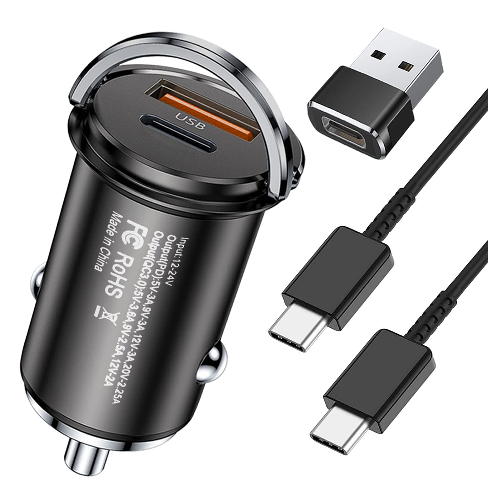 3en1 63W Fast Charger Cargador para Auto, Cargador de Coche,Carga Rápida Tipo C PD 45 W, Quick Charge QC 18W para Samsung S22 Ultra, S21 FE/S21+, para iPad Pro/Mini Redmi Xiaomi iPhone 14 Pro MAX