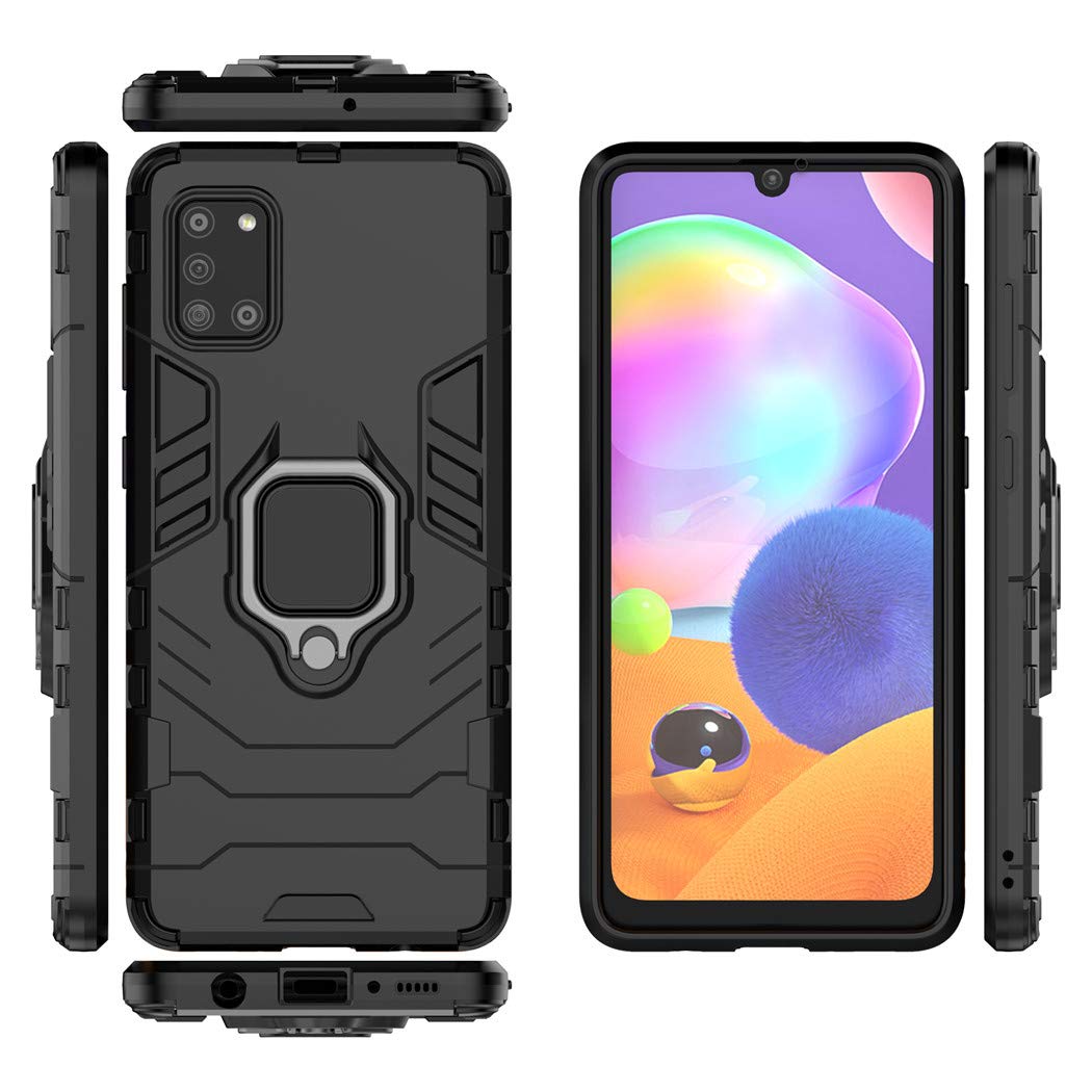 Compatible con Galaxy A31 Funda, Anillo Metálico Sujeción Soporte Antichoque Rígido Caja (Funciona con el Montaje de Coche Magnético) Doble Capa Sólido Case Carcasa para Samsung Galaxy A31 (Negro)