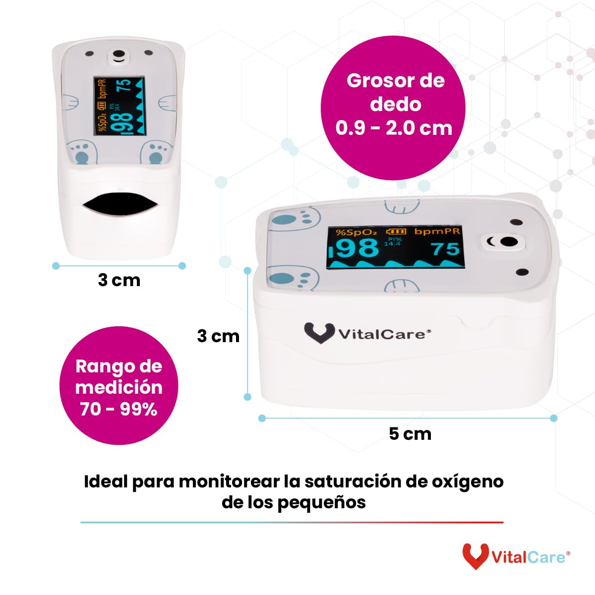 Oxímetro Pediátrico VitalCare Osito Pantalla LED Índice de Perfusión Medición Precisa para Niños y Adultos