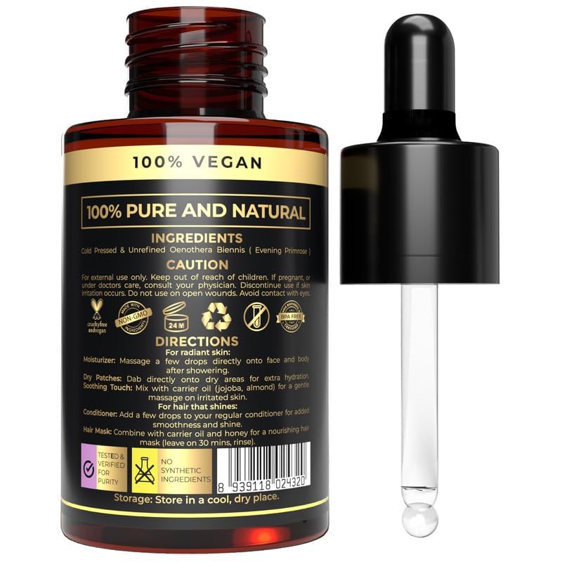 The Organic Forest – VEGAN PURE NATURAL Usda Aceite Orgánico De Onagra - Aceite De Onagra 100% Puro Y Natural Para La Piel Y La Cara - Aceite Transportador Líquido Para Mezcla De Aceites Esen