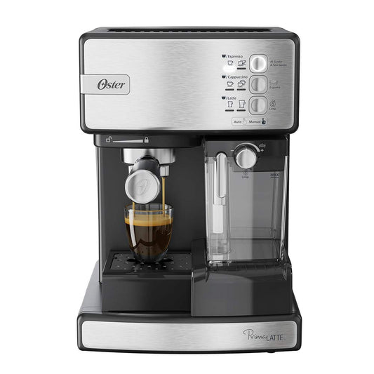 Cafetera Automática Oster Plateada PrimaLatte para Espresso, Cappuccino y Latte