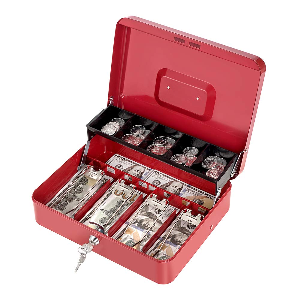 Caja de dinero con bandeja para dinero y cerradura de llave, caja fuerte grande de metal con bandeja para monedas en voladizo, caja de bloqueo para dinero de 11.8 x 9.4 x 3.5 pulgadas, color rojo
