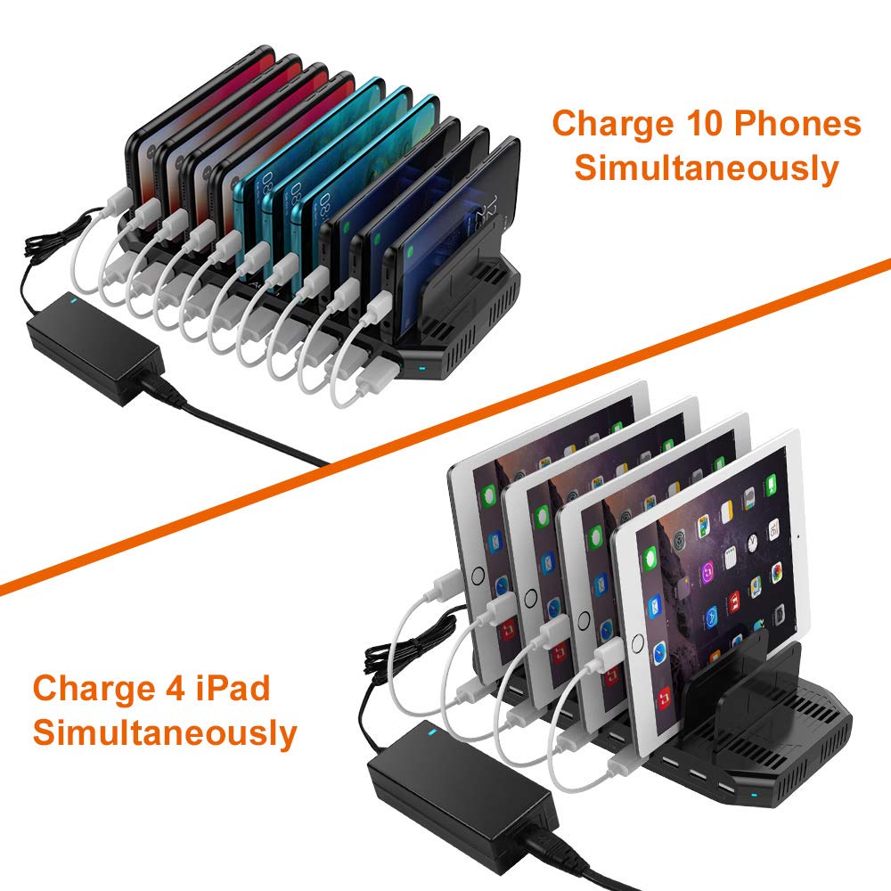 Alxum 60W Estacion Carga Rapida USB 10 Puertos para múltiples Dispositivos, Estación Carga USB para teléfono móvil, Tableta, Negro