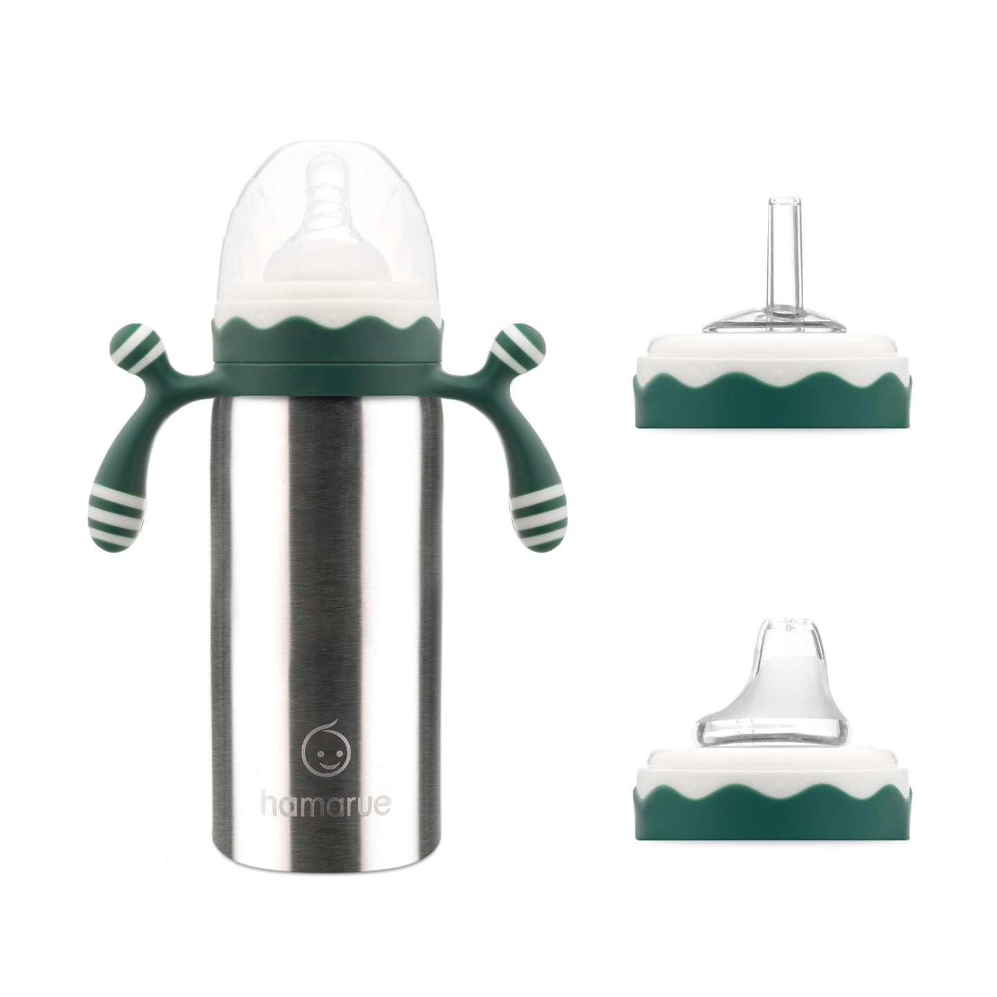 Hamarue Vaso De Acero Inoxidable 3 En 1 De Lujo Para Bebés Y Niños Pequeños | Transferencia De Líquidos Sin Plástico Tóxico | Vaso Y Biberón Con Pajita | Aislamiento A Prueba De Fugas (Verde, 177 Ml)