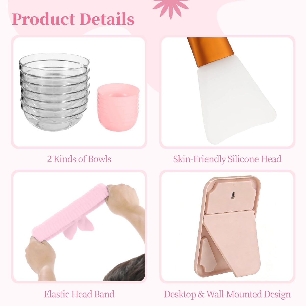 Lnrueg 6 juegos de suministros de fiesta de spa rosa para mujeres, tazón de máscara facial con cepillo para polvo de espátula, toalla para la diadema y espejo plegable, kit de spa para fiesta de