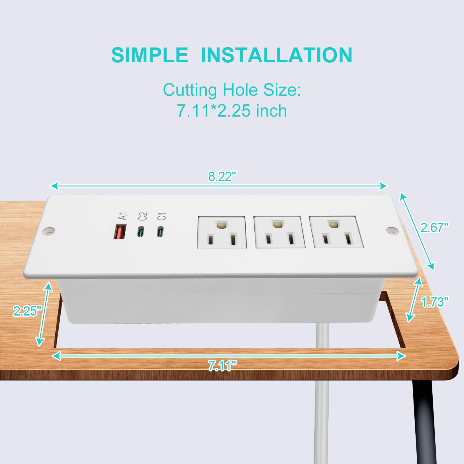 4 LEAF Regleta de Enchufes Empotrada USB C 65W,Enchufe de Escritorio Empotrable 3 Tomas 3 USB (PD 65W& QC60W,) Cable de Alimentación de 2 Metros Enchufe Plano de Carga Rápida Empotrable para Muebles