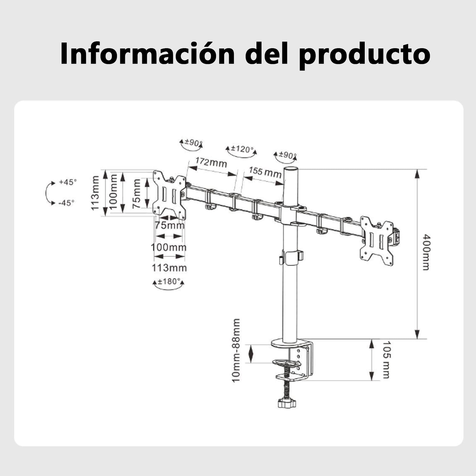 Soporte Doble Monitor VDDGRER Negro Ajustable para Pantallas hasta 27 Pulgadas 10kg