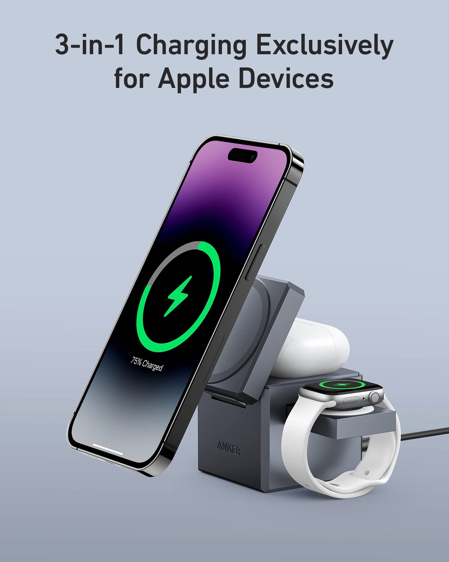 Cubo 3 en 1 Anker MagSafe Negro con Carga Inalámbrica 15 W para iPhone 15/14/13, Apple Watch y AirPods Pro