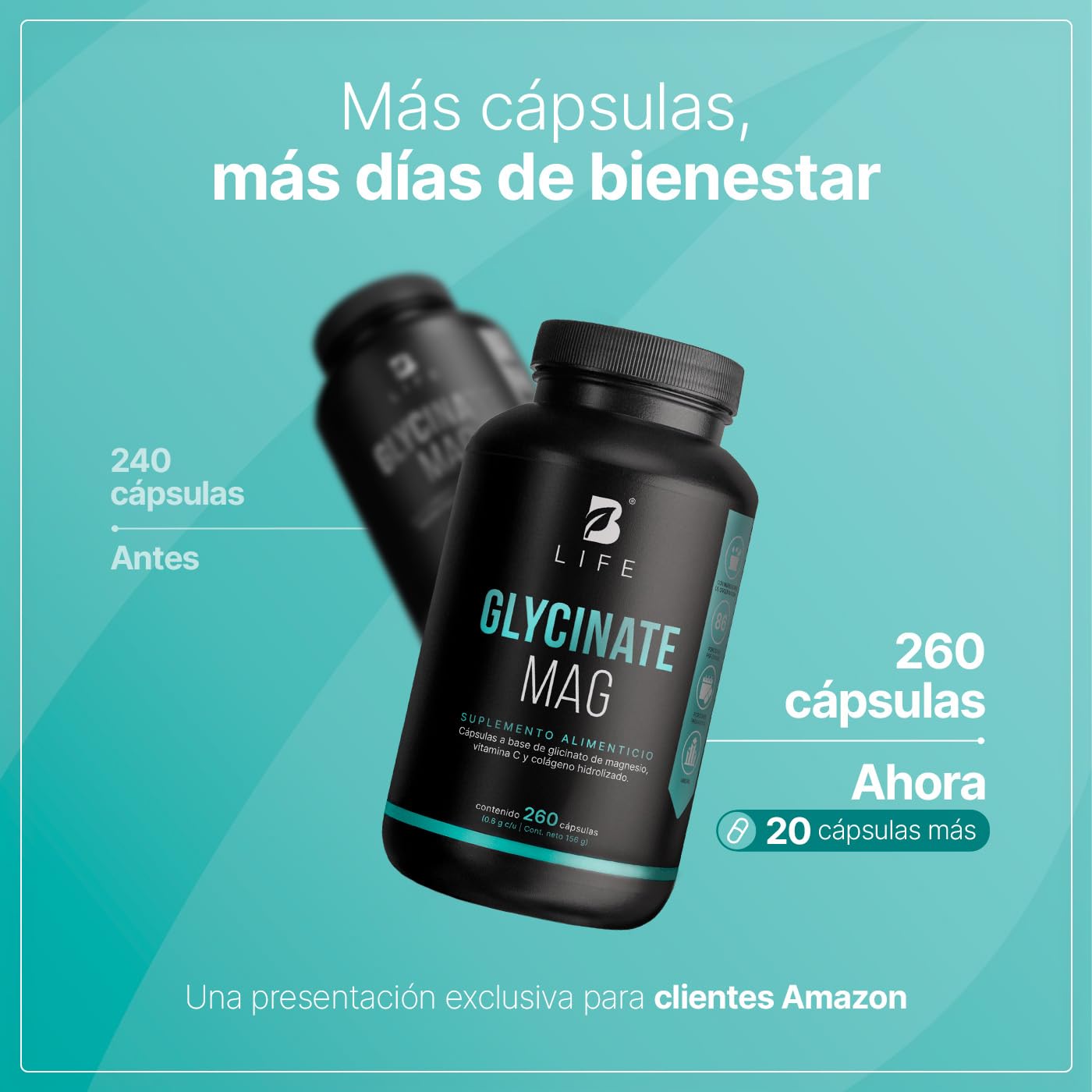 B Life Company Glicinato de Magnesio de 260 Cápsulas con 1800 mg por porción. Alta absorción. Ingredientes Naturales. Glycinate Mag.