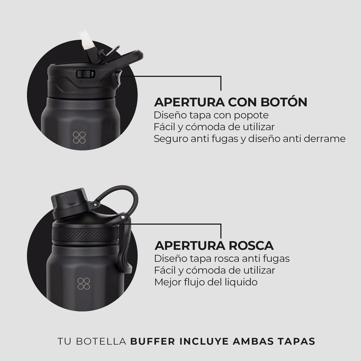 BUFFER FLASK - Termo de Acero Inoxidable | Botella Aislante para Bebidas, Agua Fría (24 horas) o Caliente (12 horas) | Antigoteo, Hermético| Incluye tapas | 1000 ml - 32 Oz| Color Black