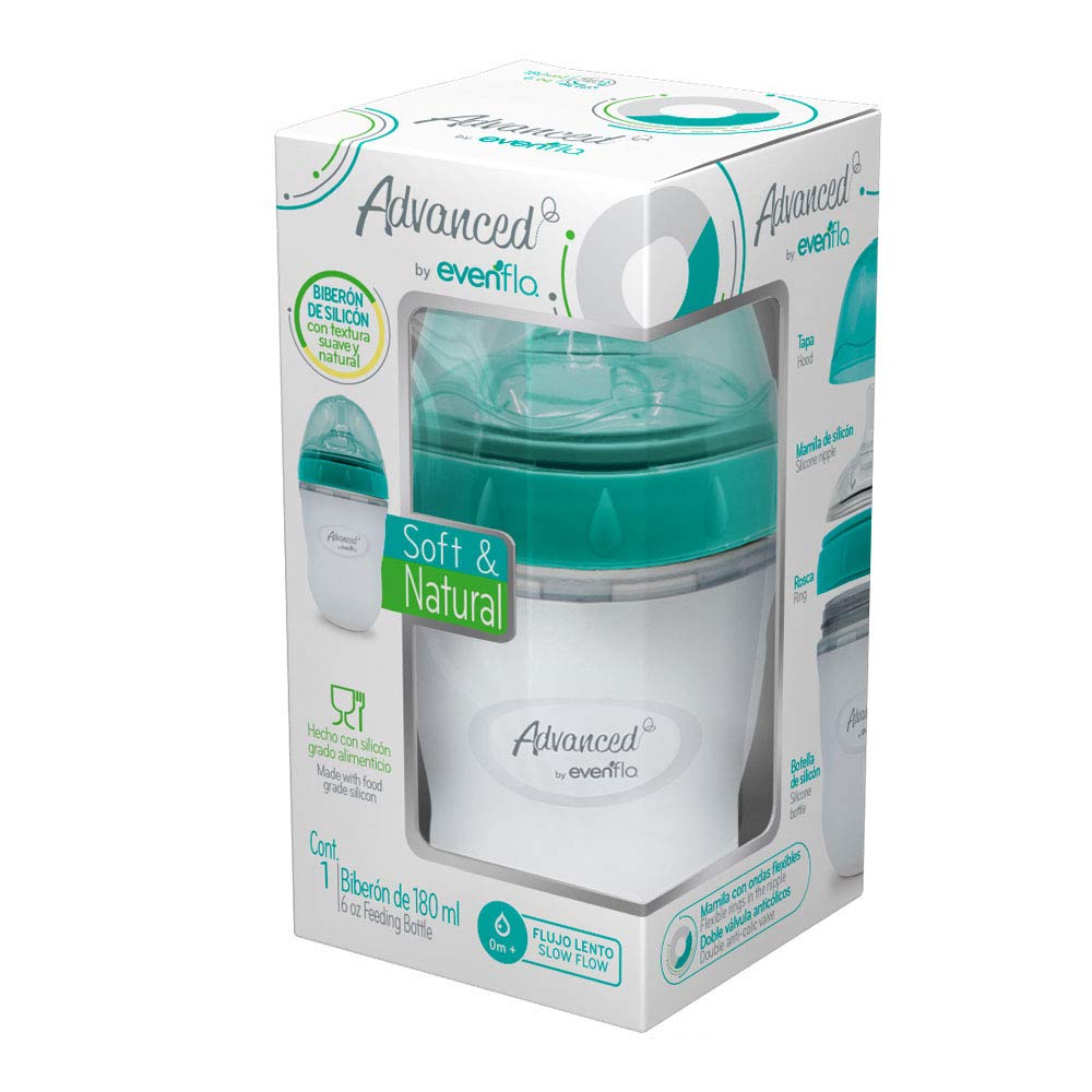 Advanced By Evenflo, Biberón Soft Natural, Silicón, Color Teal, 6Oz, Paquete de 1