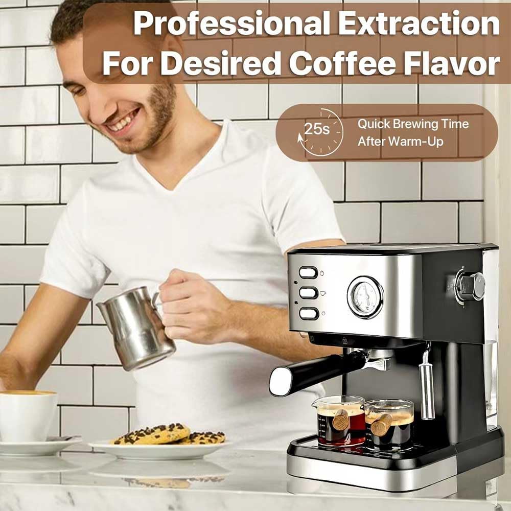 Cafetera Express Automático,850W, Presión 15 Bares, Depósito de 1.8L, Brazo Doble Salida,Superficie Calientatazas, Acabados en Acero Inoxidable